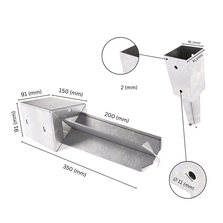 Concrete in post spike anchor with labeled size and dimensions.