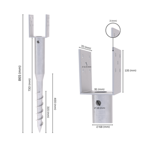 Ground screw U post support with labeled dimension.