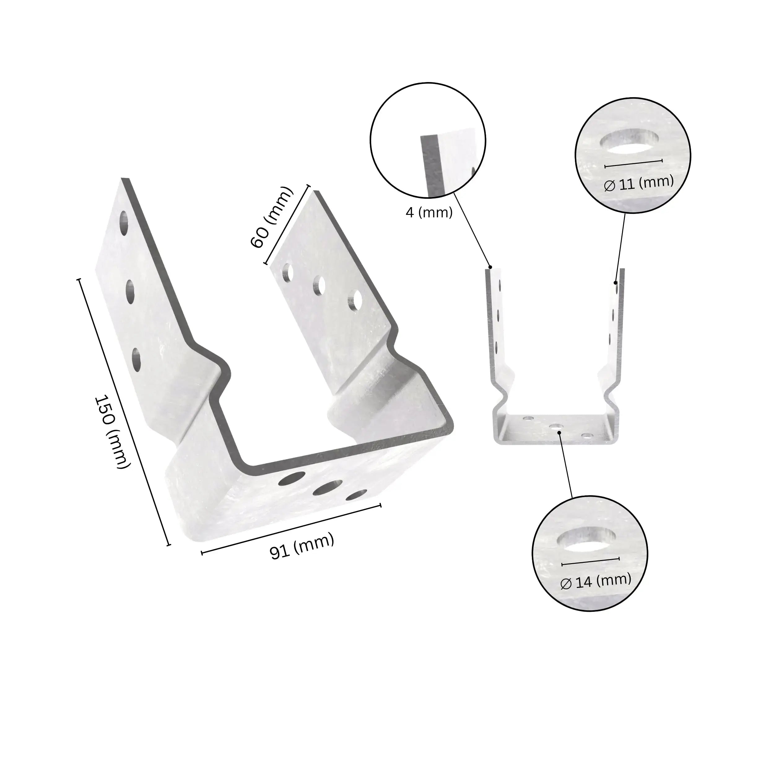 U shape post support fence foot base bracket with labeled dimensions. 