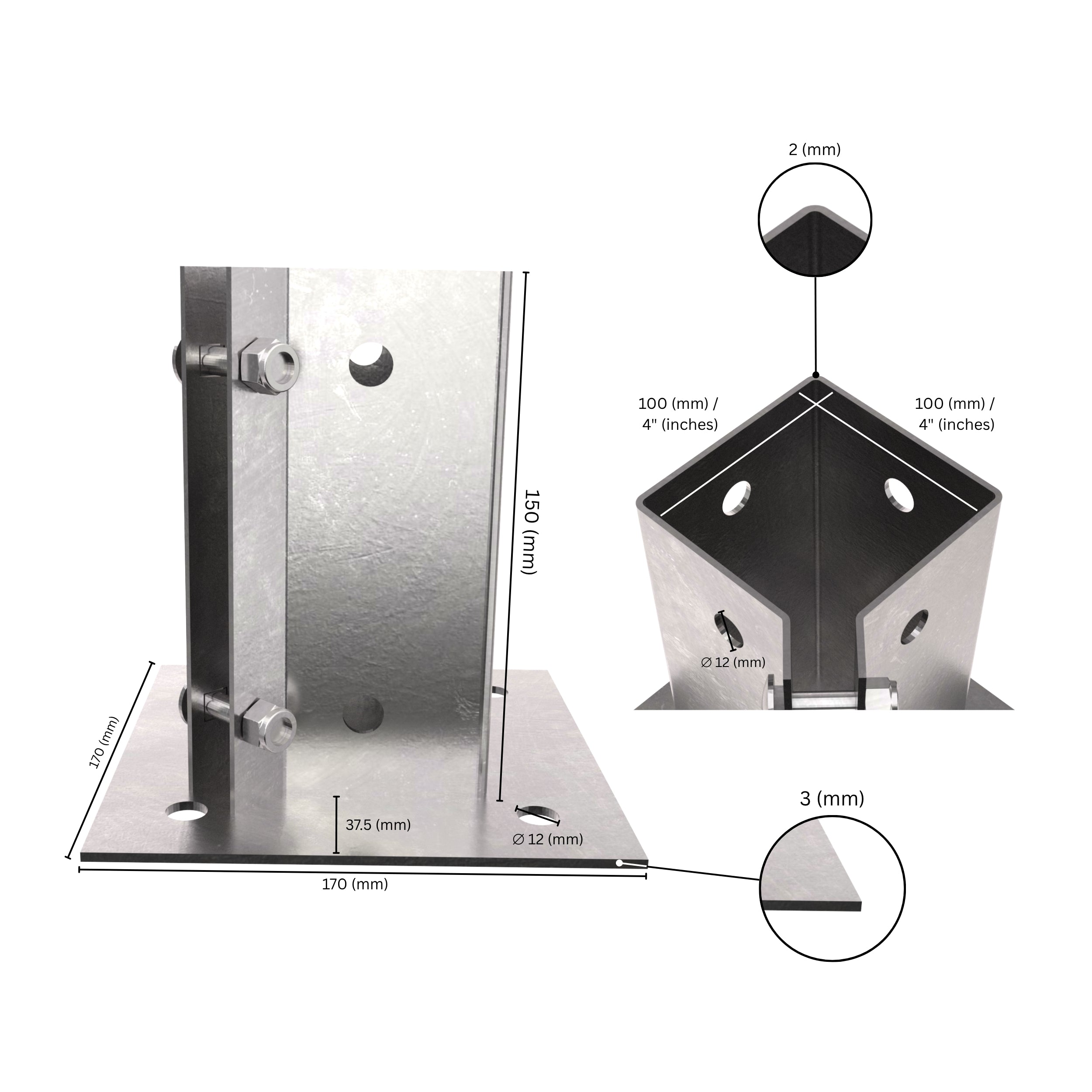 Swift Clamp Bolt Down Post Support with labeled dimensions.