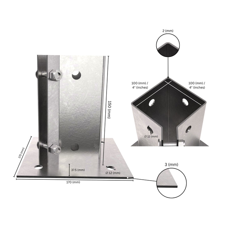 Swift Clamp Bolt Down Post Support with labeled dimensions.