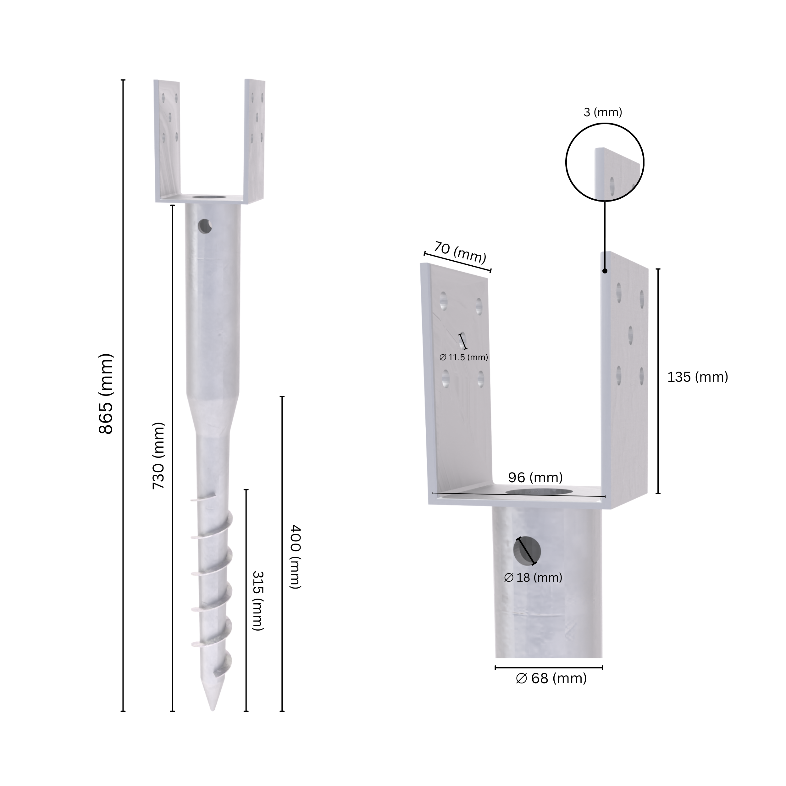 Ground screw U post support with labeled dimension.