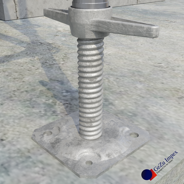 Scaffolding screw jack base is attached to scaffold frame for level and secure construction setup.