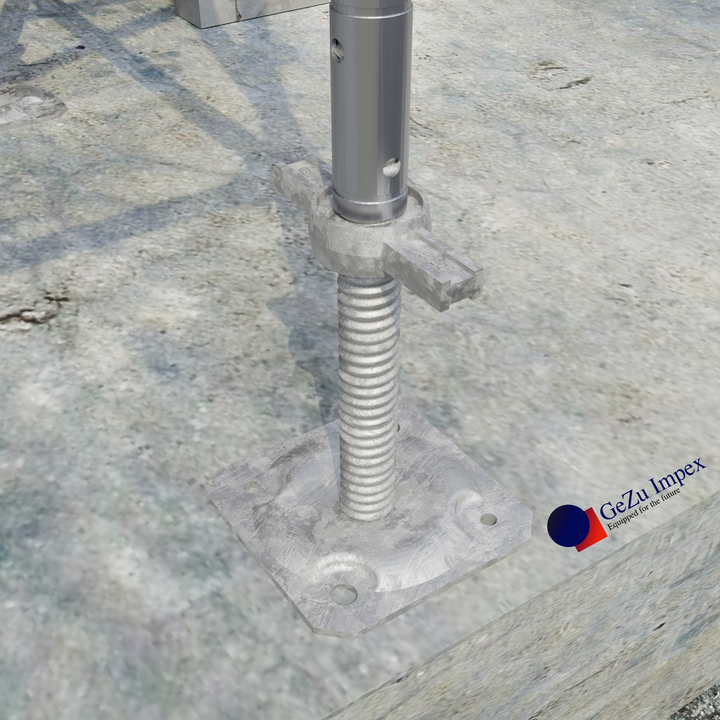 Scaffold leveling base jack attached to scaffold frame for level and secure construction setup.