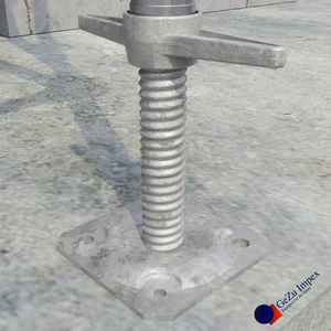 Scaffolding screw jack base is attached to scaffold frame for level and secure construction setup.