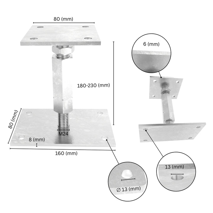 Adjustable elevated post base with labeled dimensions, showing base plate size, long nut, bolt and adjustment range.