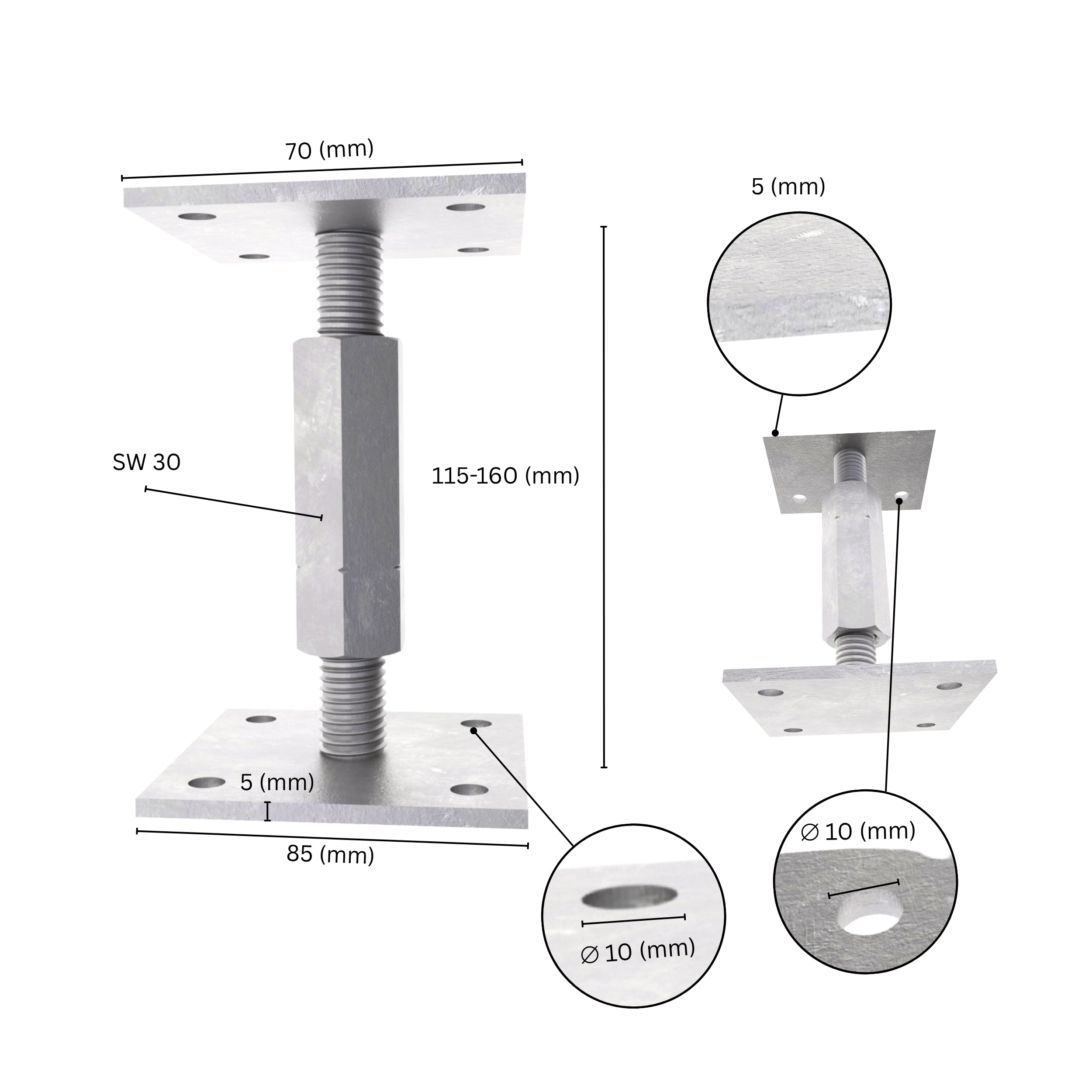 Adjustable elevated post base with labeled size dimensions.
