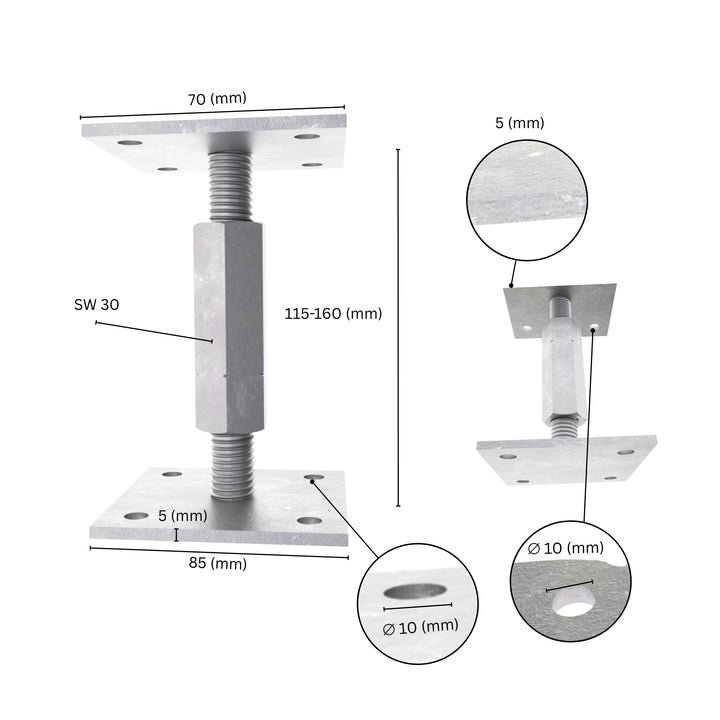 Adjustable elevated post base with labeled size dimensions.