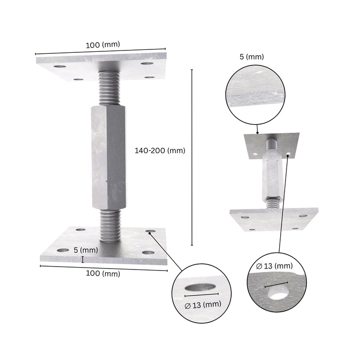 Adjustable elevated post base with labeled dimensions, showing base plate size, long nut, bolt and adjustment range.