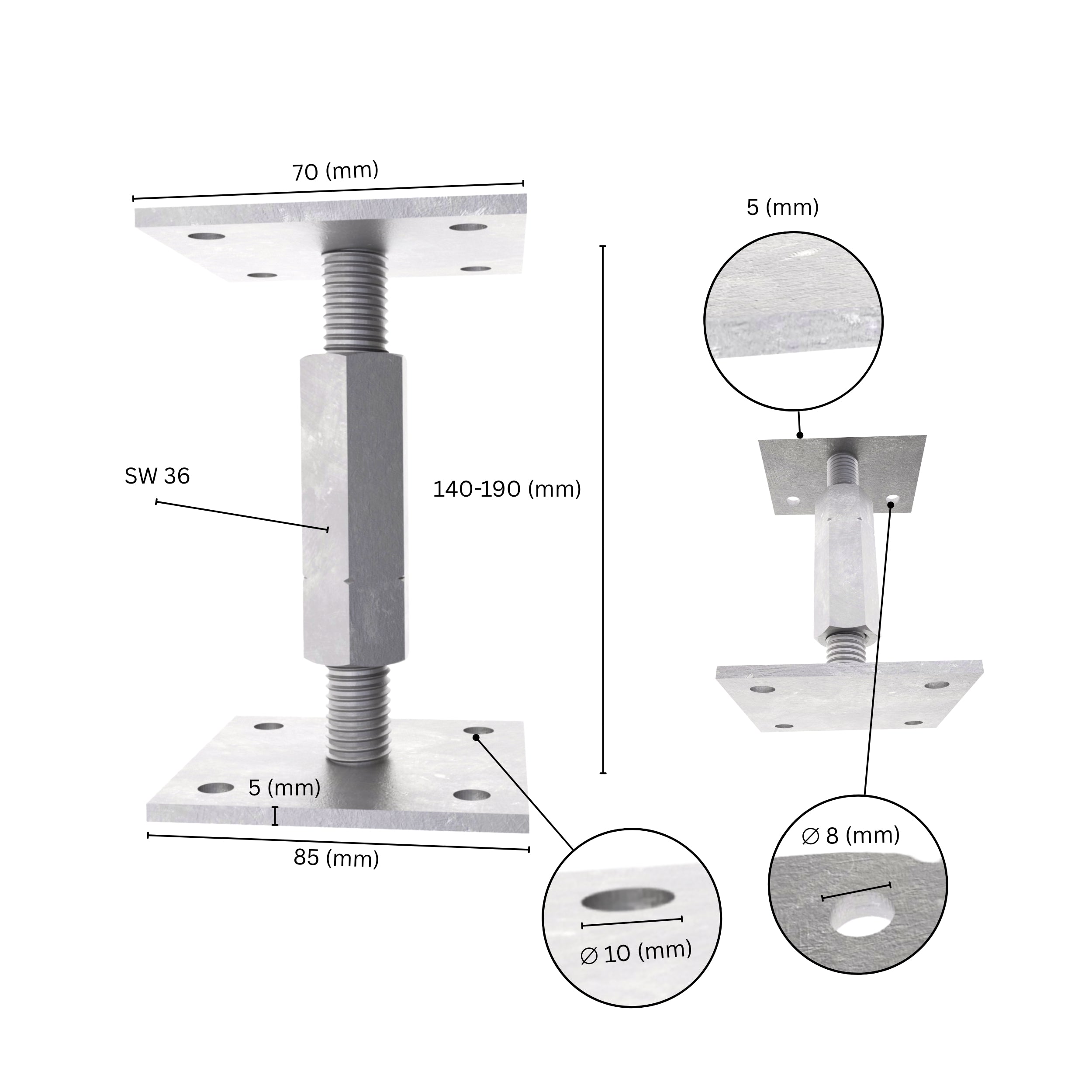 Adjustable elevated post base with labeled size dimensions.