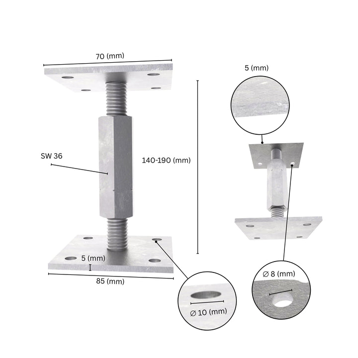 Adjustable elevated post base with labeled size dimensions.