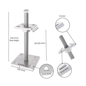 Bolt down height adjustable post support with labeled size dimensions, showing base plate, bolt and adjustment range.