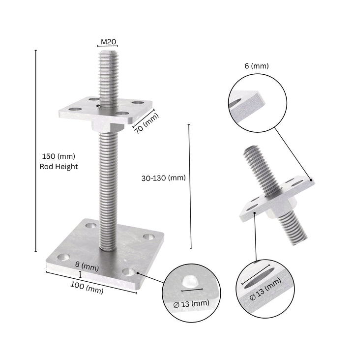 Bolt down height adjustable post support with labeled size dimensions, showing base plate, bolt and adjustment range.
