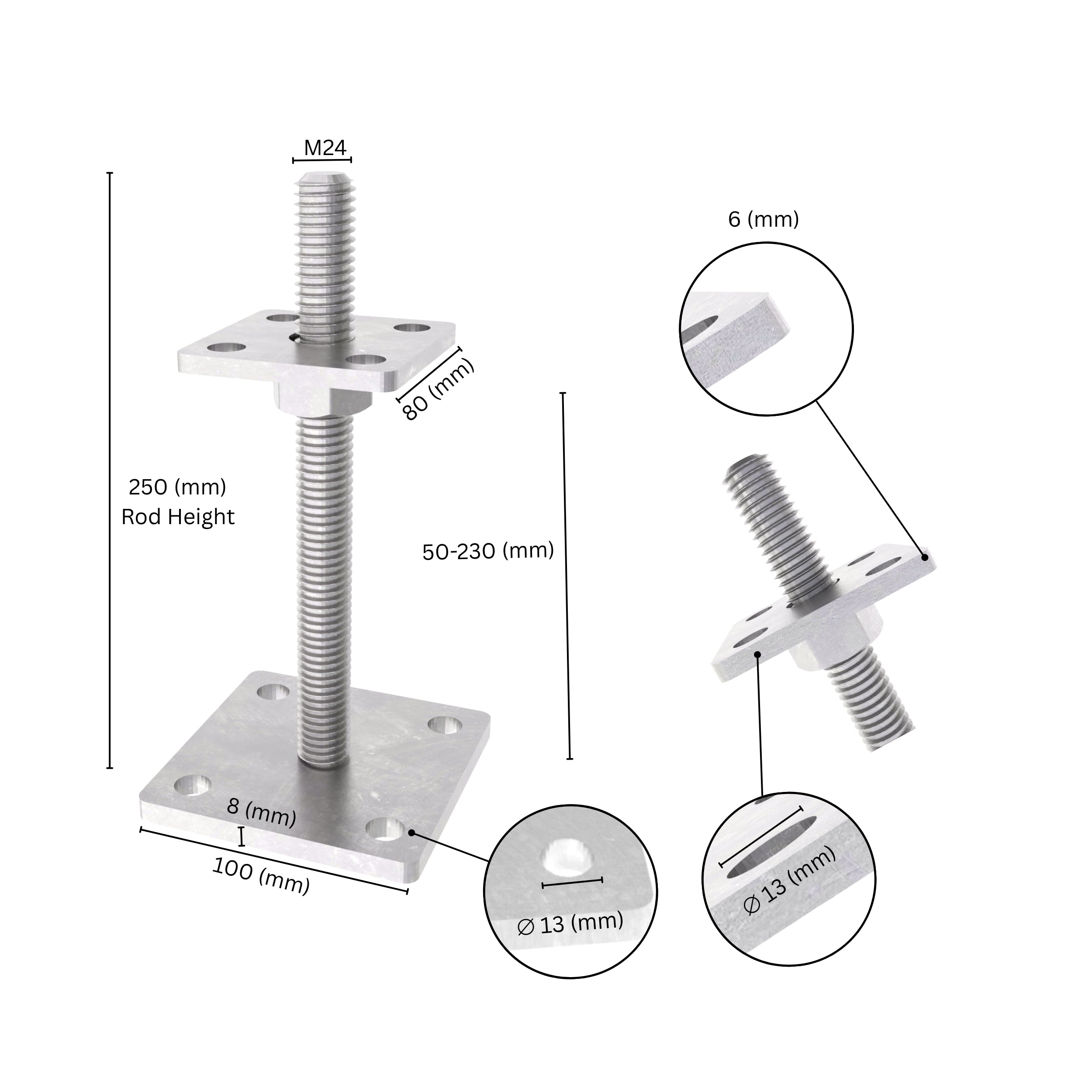 Bolt down height adjustable post support with labeled size dimensions, showing base plate, bolt and adjustment range.