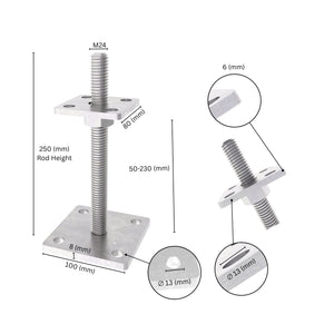 Bolt down height adjustable post support with labeled size dimensions, showing base plate, bolt and adjustment range.