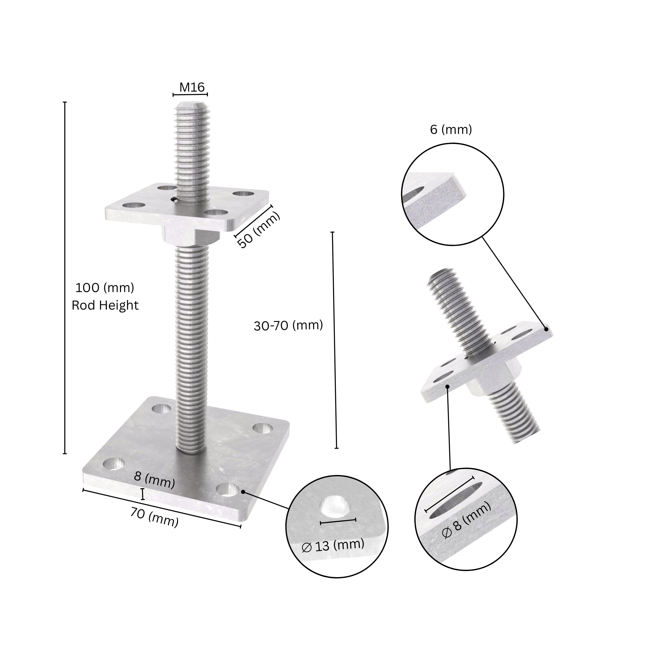 Bolt down height adjustable post support with labeled size dimensions, showing base plate, bolt and adjustment range.