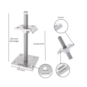 Bolt down height adjustable post support with labeled size dimensions, showing base plate, bolt and adjustment range.