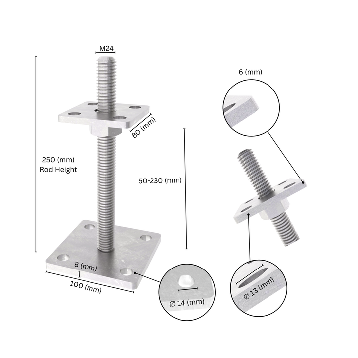 Bolt down height adjustable post support with labeled size dimensions, showing base plate, bolt and adjustment range.