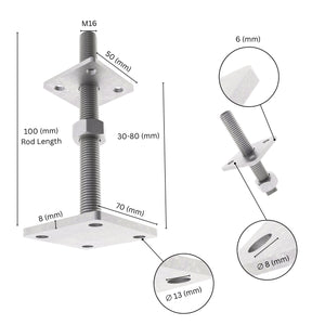 Height-adjustable bolt-down post holder with labeled size and dimensions showing base plate, bolts and adjustment range.