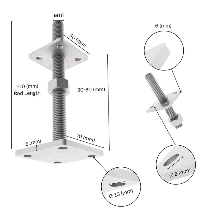 Height-adjustable bolt-down post holder with labeled size and dimensions showing base plate, bolts and adjustment range.