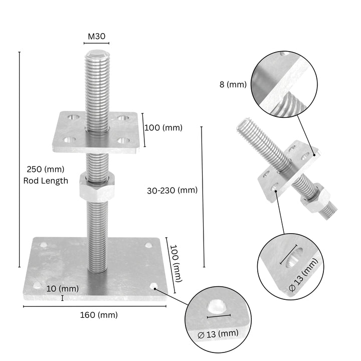 Height-adjustable bolt-down post holder with labeled size and dimensions showing base plate, bolt and adjustment range.