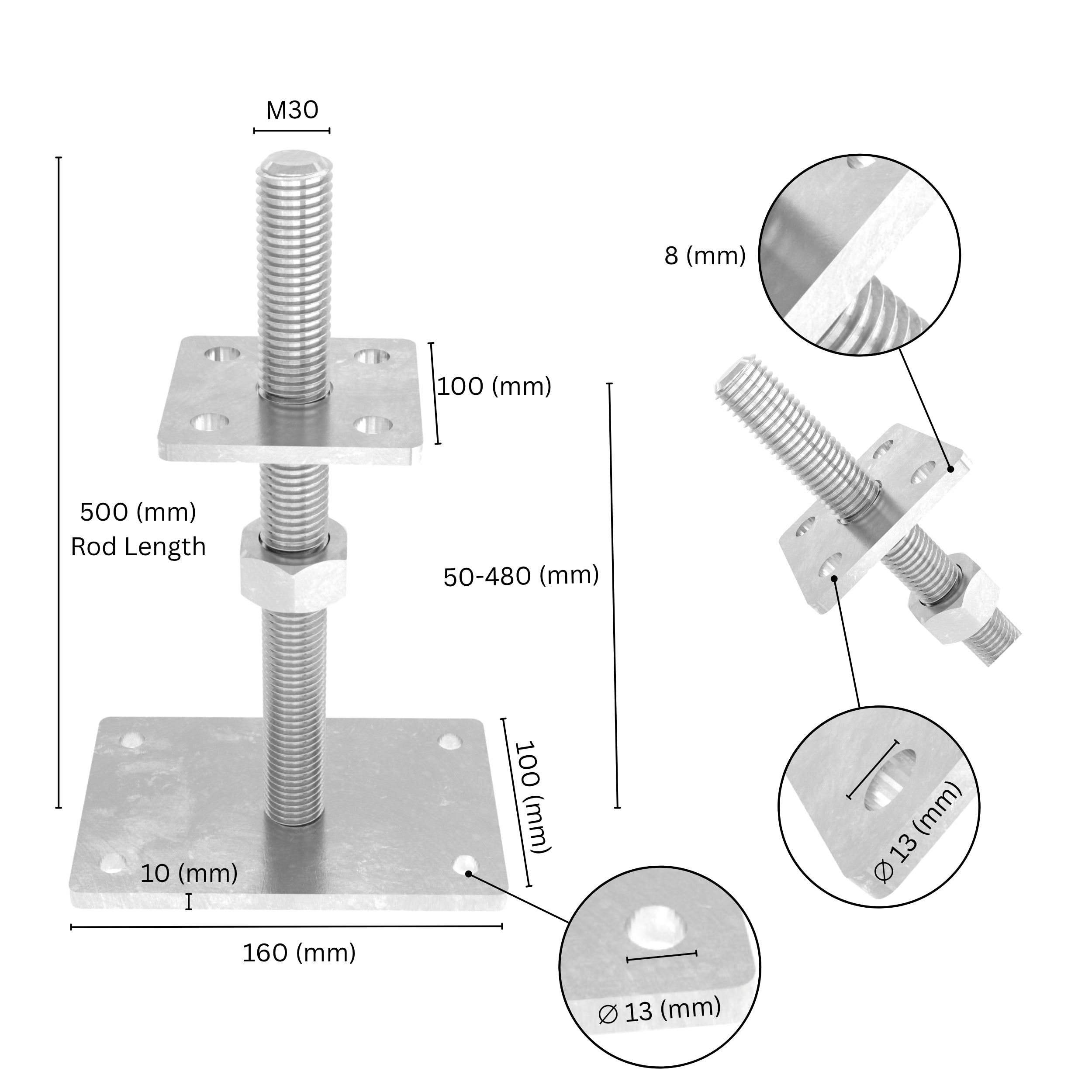 Height-adjustable bolt-down post holder with labeled size and dimensions showing base plate, bolt and adjustment range.