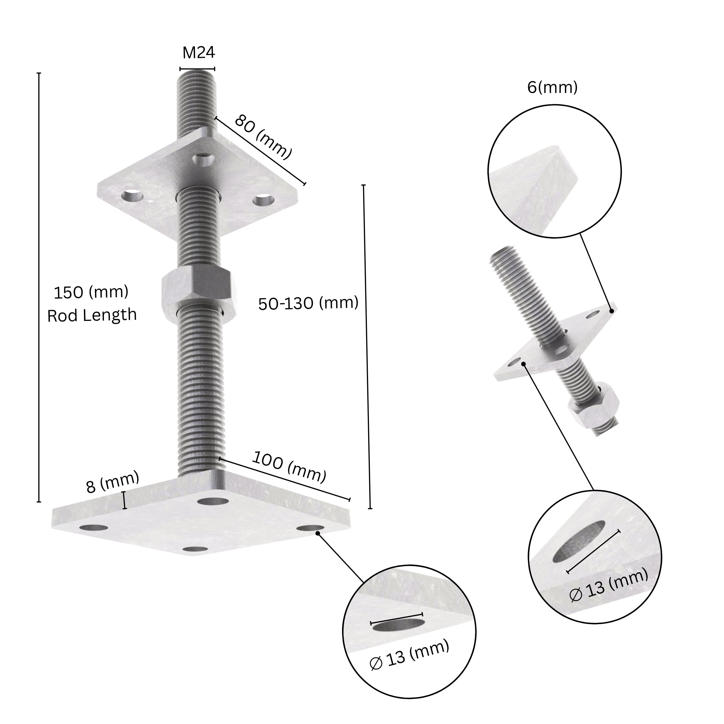Height-adjustable bolt-down post holder with labeled size and dimensions showing base plate, bolt and adjustment range.