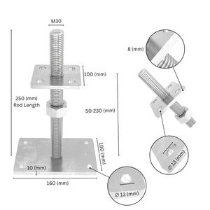 Height-adjustable bolt-down post holder with labeled size and dimensions showing base plate, bolt and adjustment range.