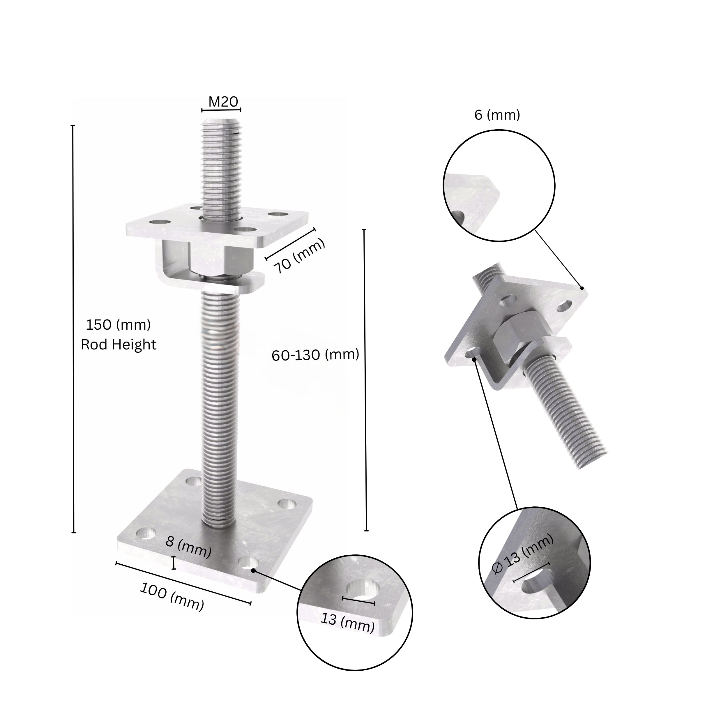 Bolt down height adjustable post support with hook labeled size dimensions.