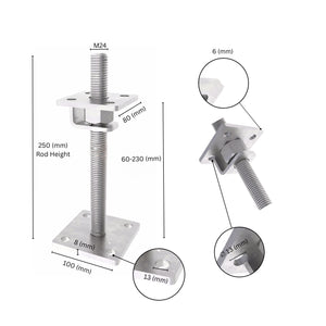 Bolt down height adjustable post support with hook labeled size dimensions.