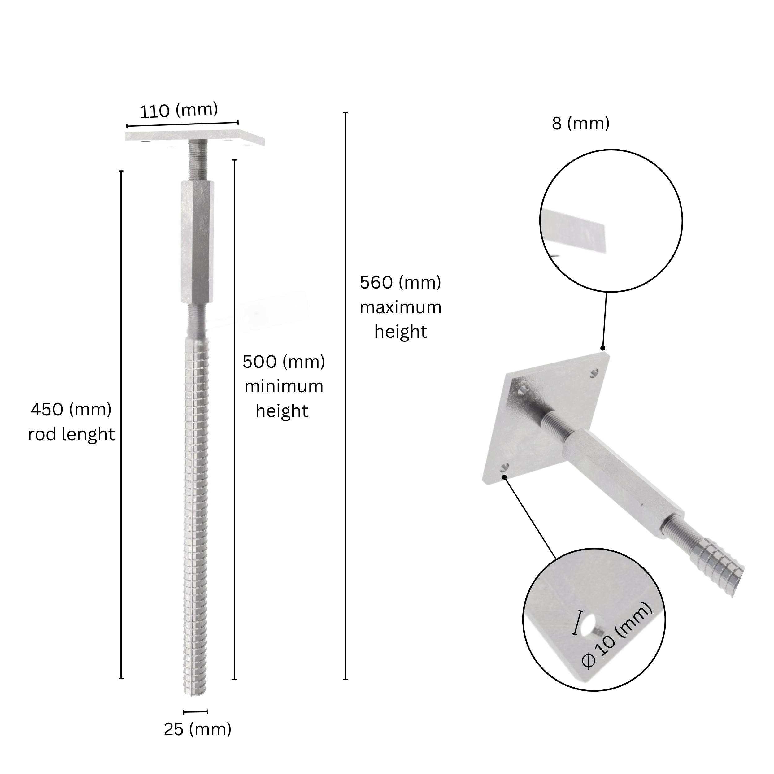 Adjustable post support concrete in with labeled size dimensions.