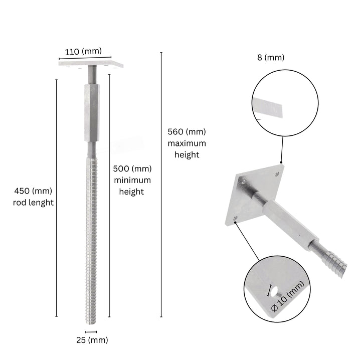 Adjustable post support concrete in with labeled size dimensions.