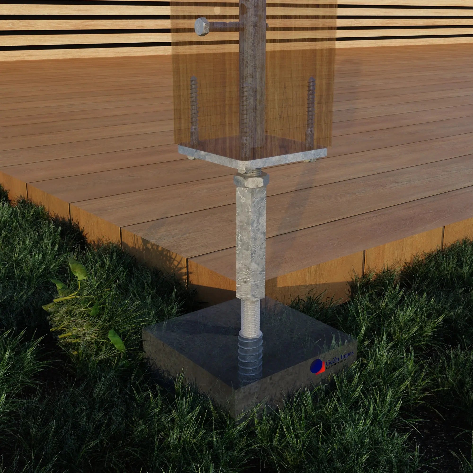 Concrete in adjustable post support visual installation.
