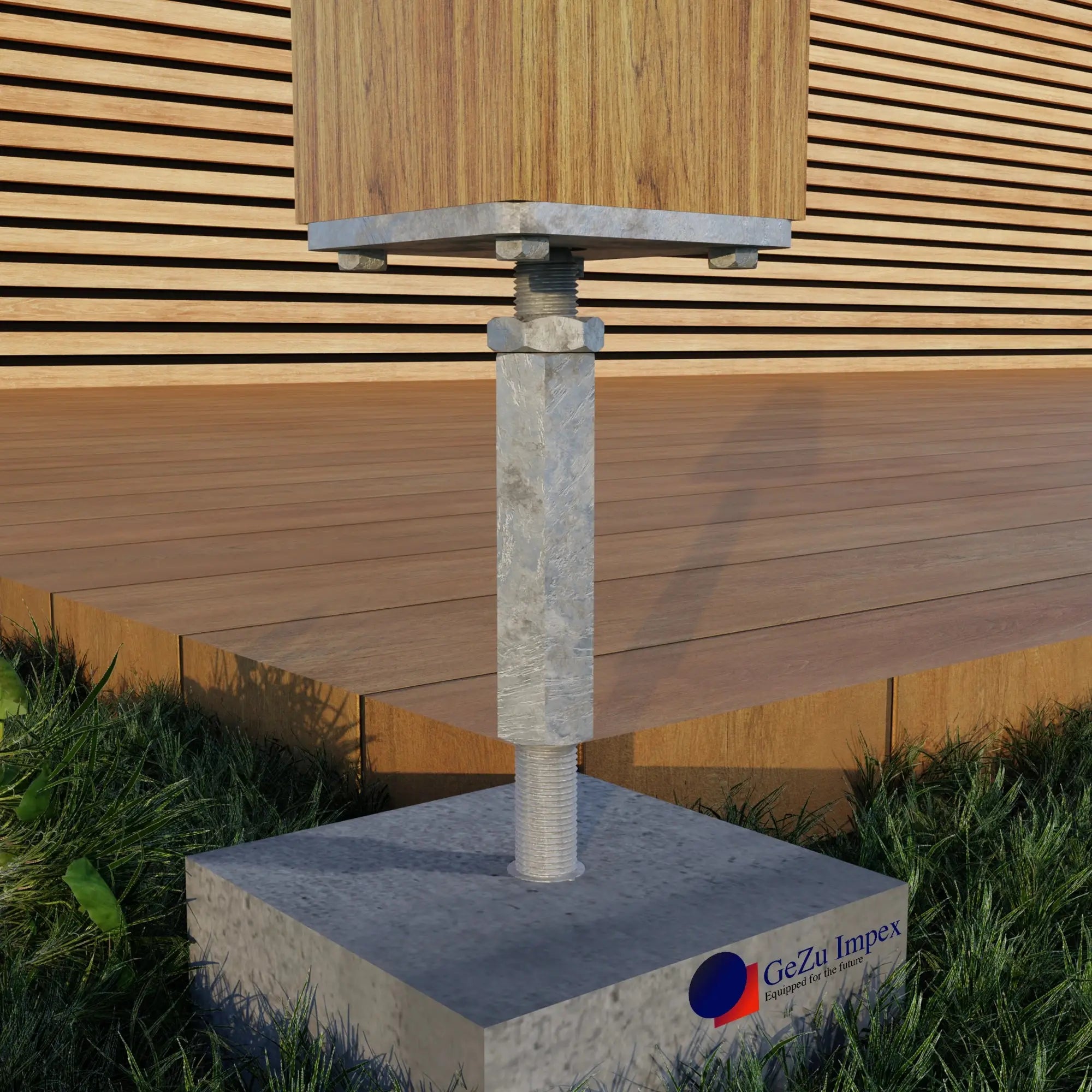 Concrete in adjustable post support visual installation.