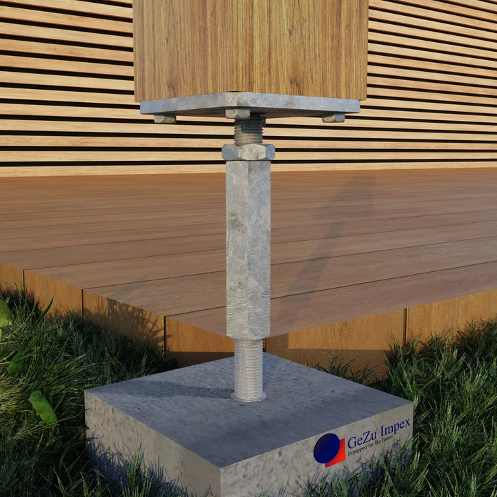 Concrete in adjustable post support visual installation.