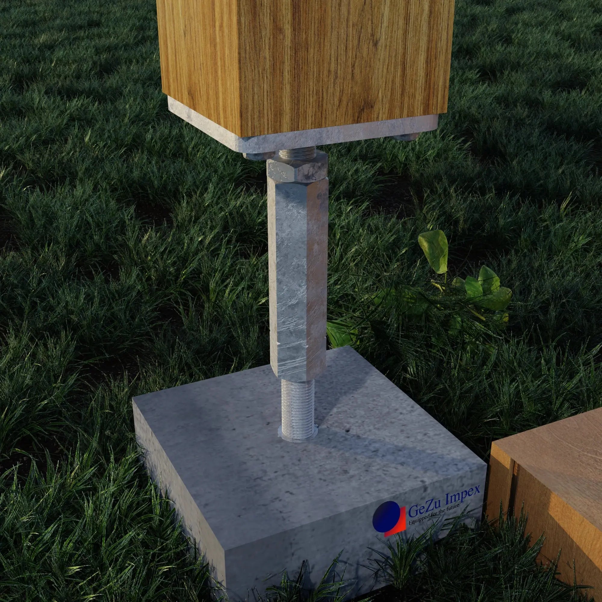 Concrete in adjustable post support visual installation.