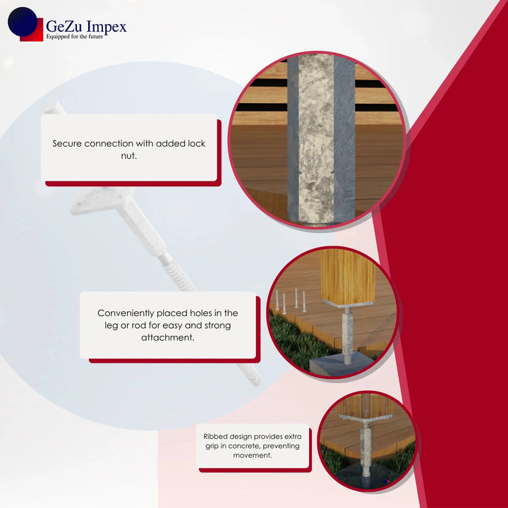 Heavy duty concrete in adjustable post support showing features.