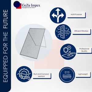 Garden sieve with wire mesh frame displayed with features.