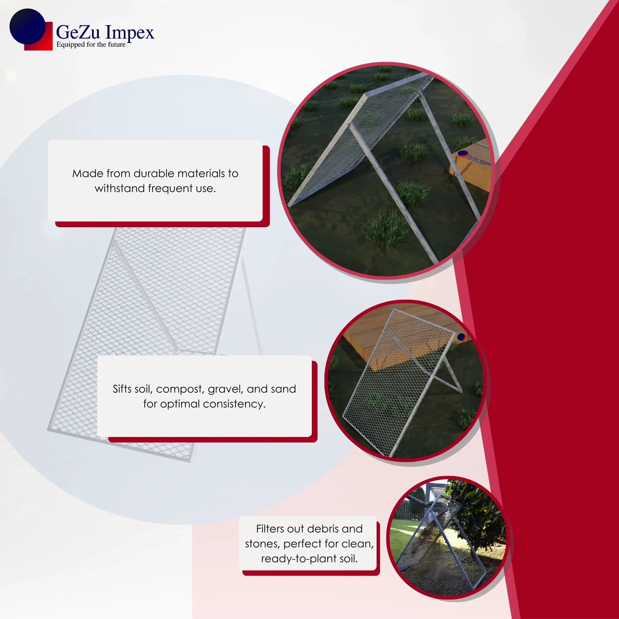 Compost sieve with wire mesh frame displayed with features.