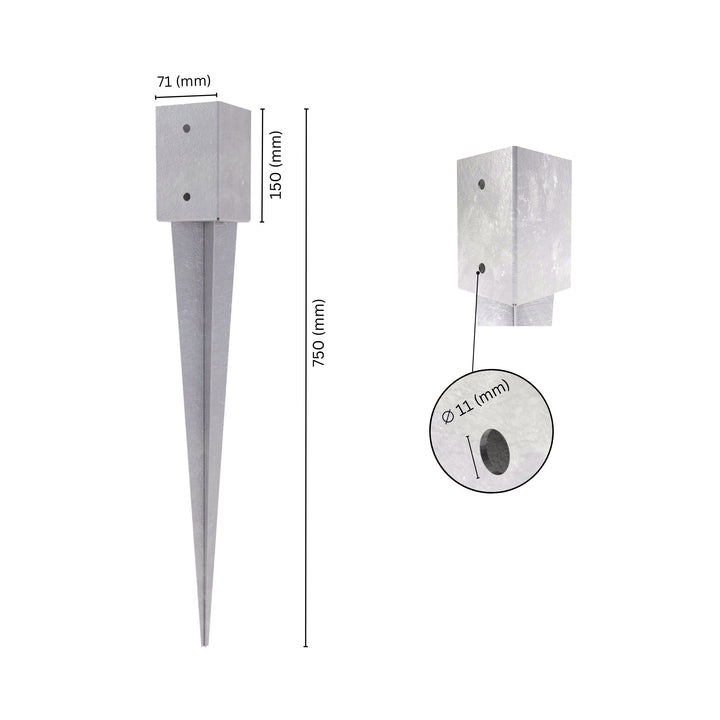 Fence post holder support anchor spike with labeled size and dimensions.