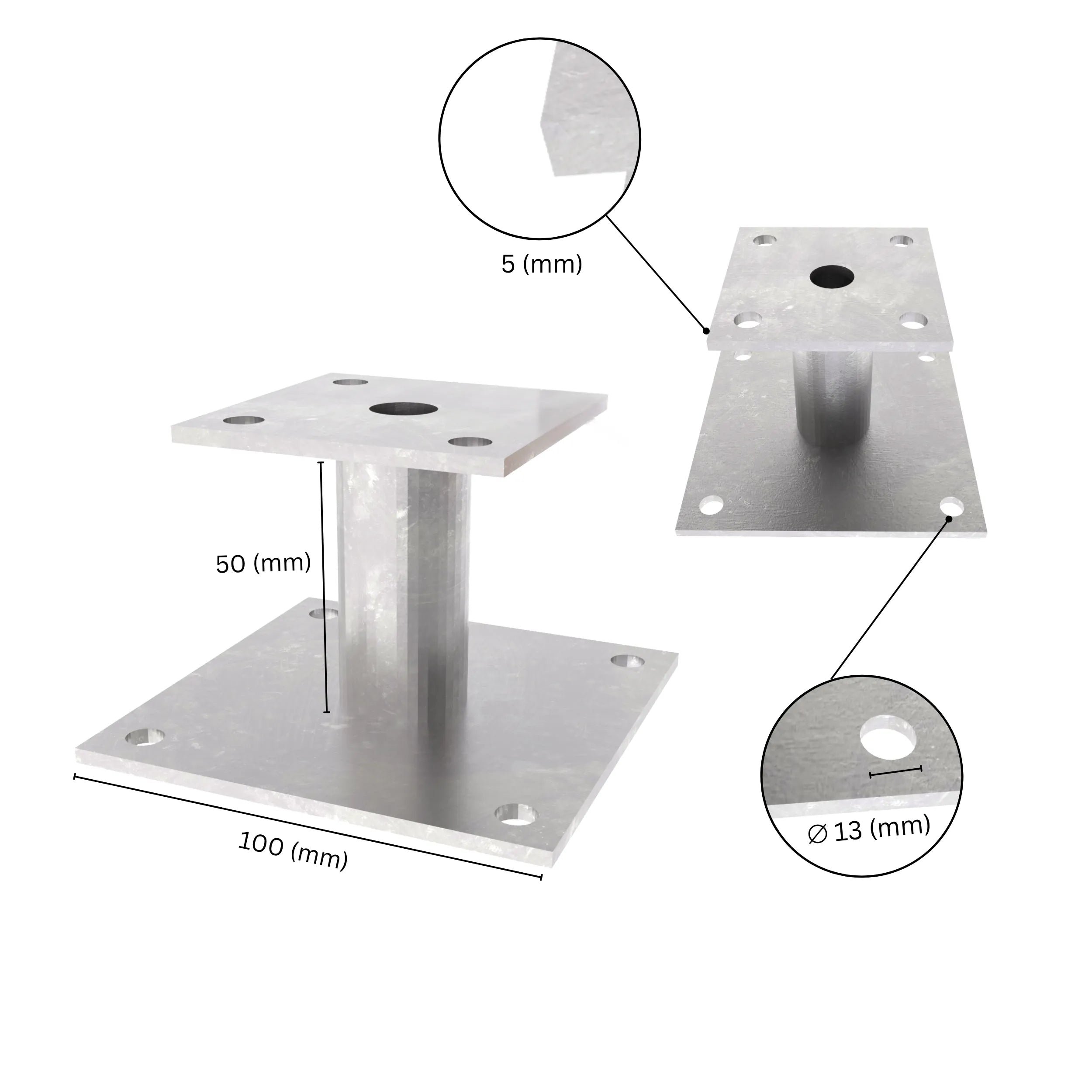 Bolt Down Elevated Post Base with labeled size dimensions.
