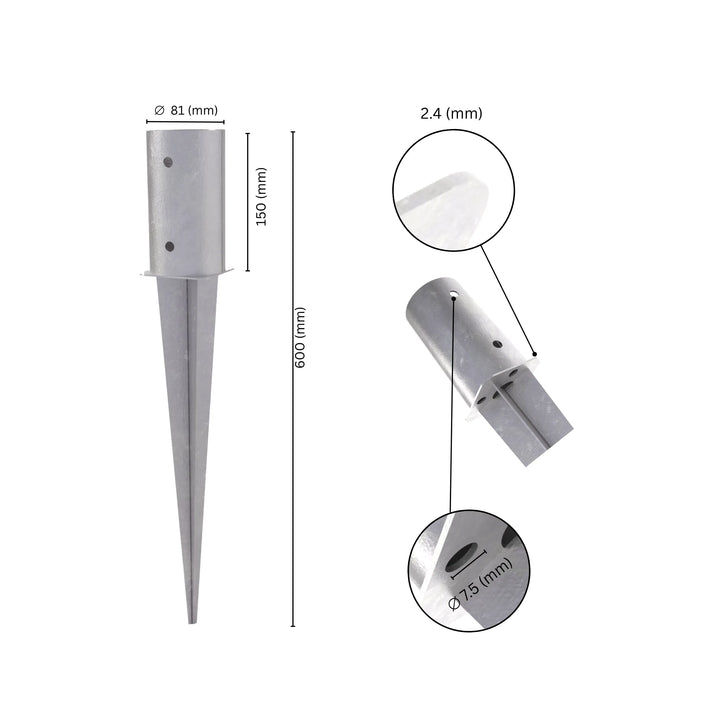 Round fence post holder anchor spike with labeled size and dimensions.