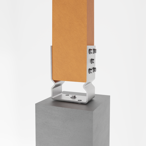 Wooden post attached to a bolt down U shape post support bracket on concrete surface.
