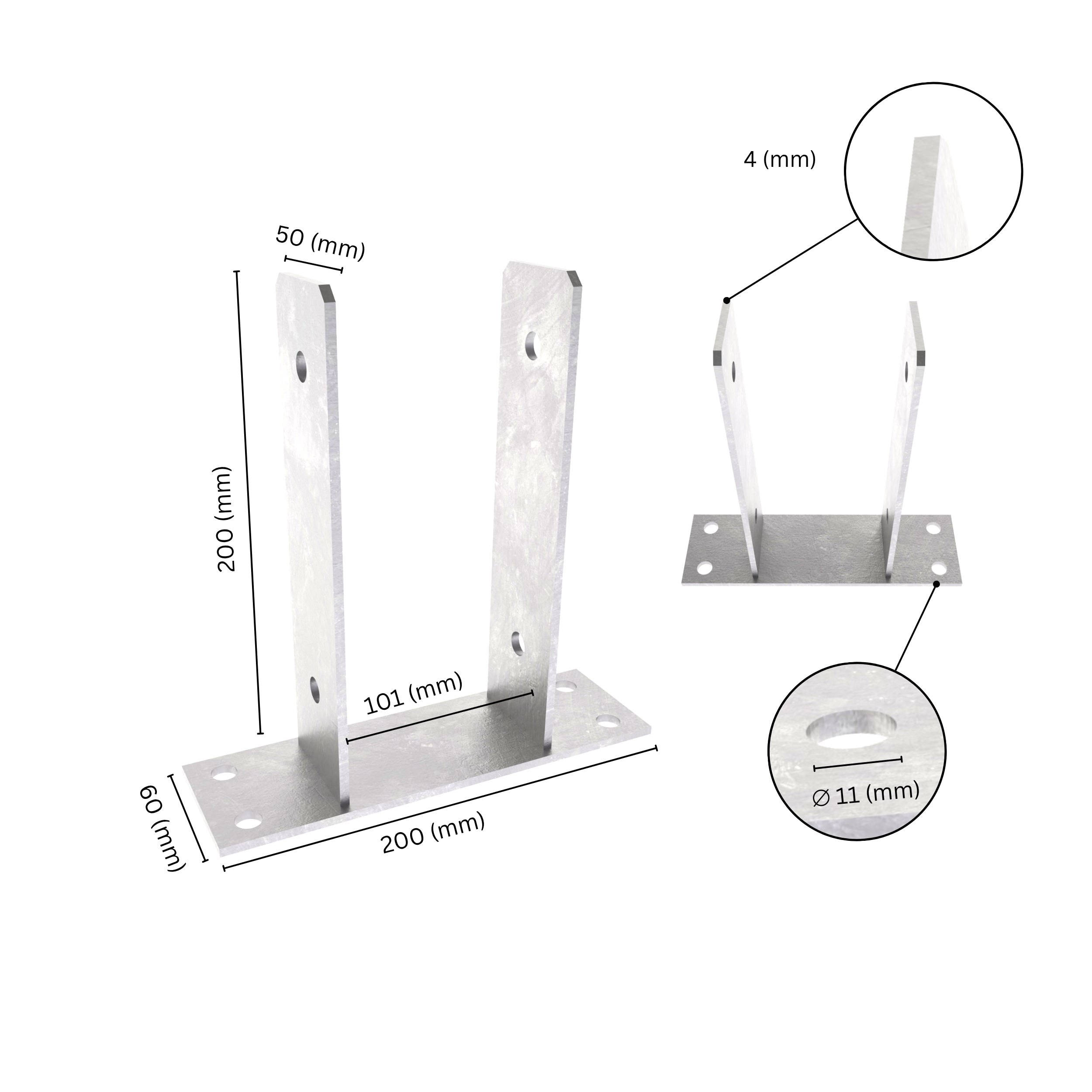 U shape fence post support bracket with labeled size dimensions. 