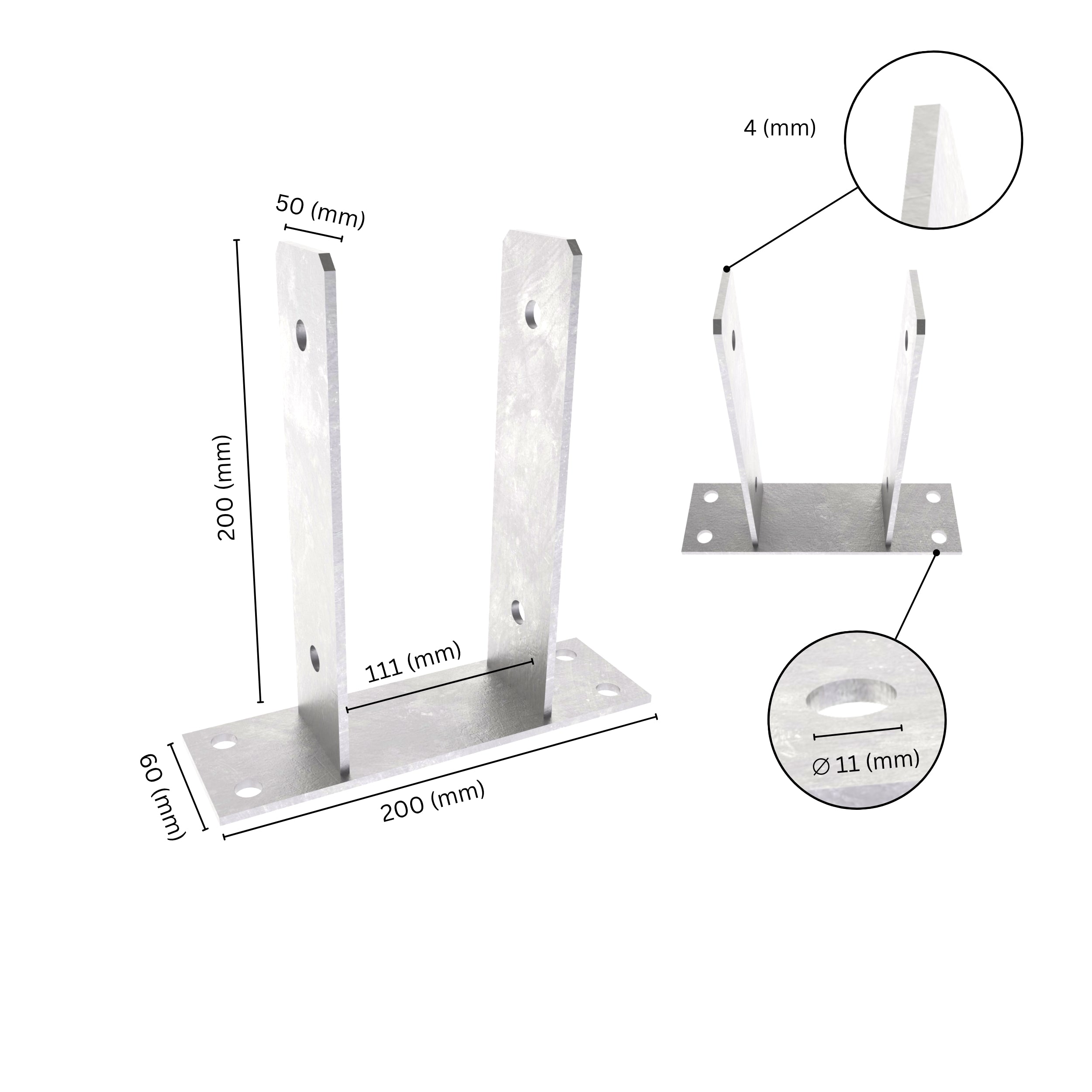 U shape post support bracket with labeled dimensions. 