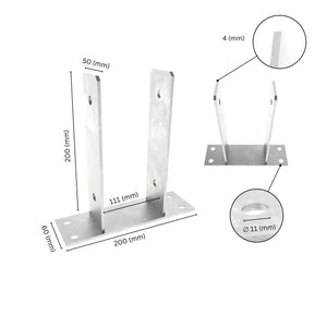 U shape post support bracket with labeled dimensions. 
