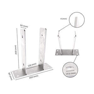 U shape post support bracket with labeled dimensions. 