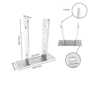 U shape post support bracket with labeled dimensions. 