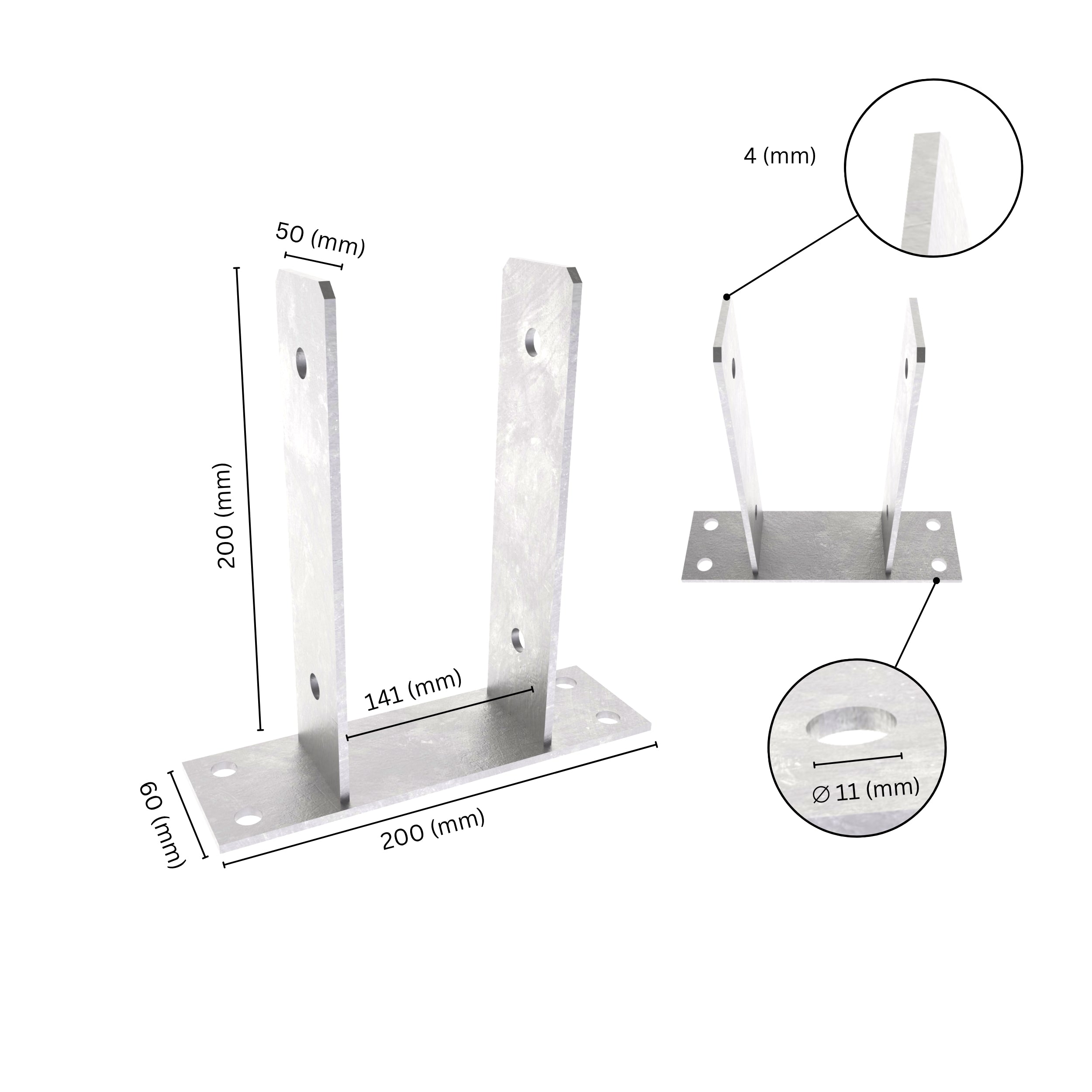 U shape post support bracket with labeled dimensions. 
