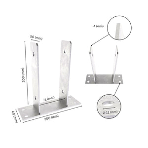 U shape post support bracket with labeled dimensions. 